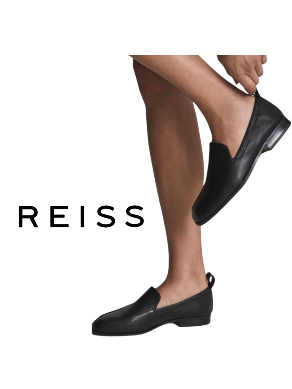 Reiss Ainsley Black Leather Loafers Square Toe Slip-On Collapsible Heel Flat 40